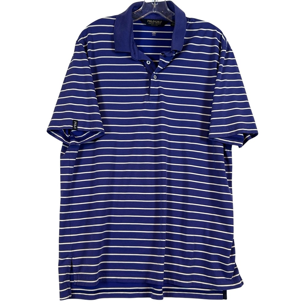 Polo Golf Ralph Lauren Mens Large Purple/Blue White Striped Wicking Polo Shirt
